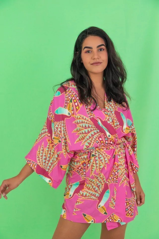 kimono feminino estampado cor de rosa